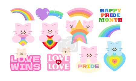 Happy Pride Month with Cat and rainbow elements for logo, icon, sticker, tattoo, pet, vet, pet shop, decorations, shirt print, love sign, symbol, plush toy, dolls, cartoon, character, comic, mascot, cute patches, brooch, campaign badges, adopt, paw