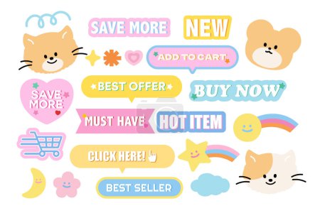 Illustration of cute sale icons such as save more, new, add to cart, best offer, buy now, must have, hot item, click here, best seller with cat, teddy bear, flower, rainbow, star, moon and cloud for online shopping, web button, ad template, discount