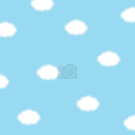 Ilustración de nubes blancas en un cielo azul para el fondo, papel pintado, telón de fondo, impresión de tela, textil, prendas de vestir, diseño de papel, patrón, manta de picnic, edredón, cortina, paisaje, sábana, pijamas, anuncios, poste de medios sociales, tarjeta postal, póster, cubierta
