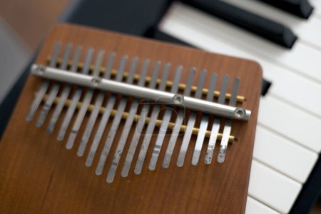 Close-up of a kalimba musical instrument made of brown wood. 