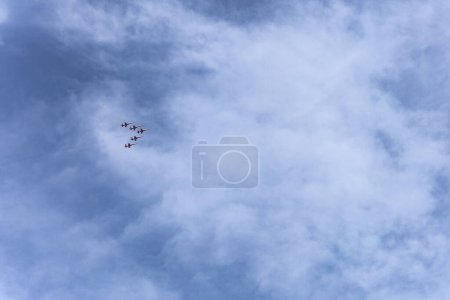 Turkiye National Sovereignty and Childrens Day April 23 2024. Show of fighters aircraft in the sky. View from Konyaalti beach, Antalya