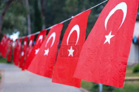fermer les drapeaux rouges turcs accrochés à une corde dans un parc. Photo de haute qualité