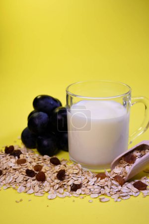 Oatmeal cookies with isom and milk on a yellow background. Oatmeal and grapes. Healthy snack.