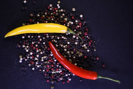 Seasonings to improve the taste of dishes. Pepper, garlic, rosemary on a black background.