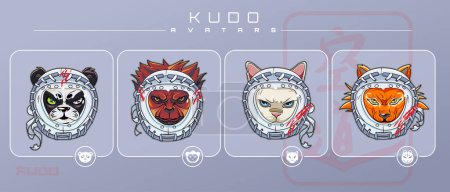 Téléchargez les illustrations : Panda, renard, singe et chat dans un casque de protection pour Kudo. L'ensemble comprend également des icônes vectorielles. - en licence libre de droit