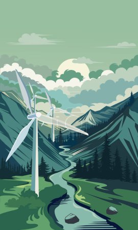 Ilustración de la producción de energía verde, generada por turbinas eólicas en las montañas.