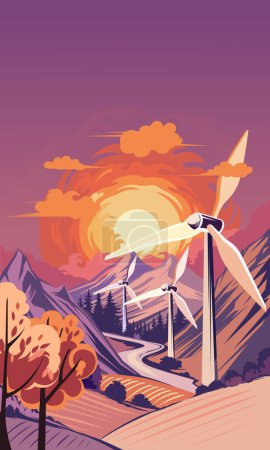 Téléchargez les illustrations : Énergie verte générée par les éoliennes en montagne. - en licence libre de droit