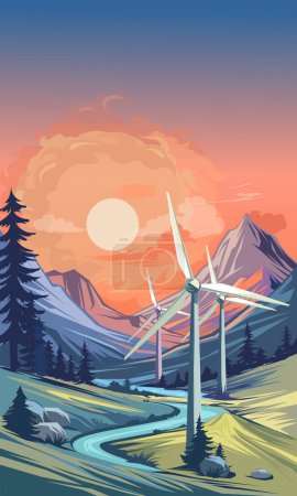 Illustration of green power production from wind turbines in the mountains.