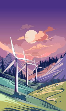 Ilustración de la producción de energía verde mediante turbinas eólicas en una zona montañosa.