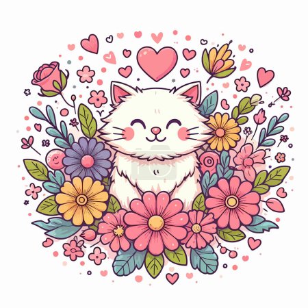 Lindo gato rodeado de flores y corazones