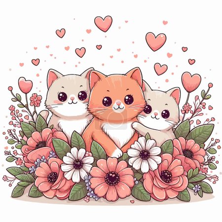 Cute cat surrounded by flowers and hearts