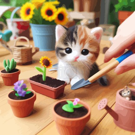 Tiny cats gardening cute happy face