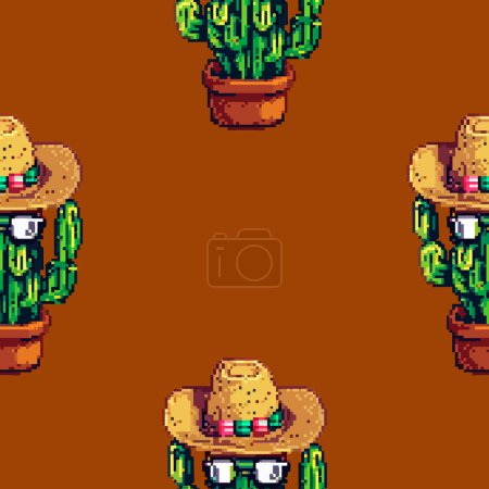 Rustic brown background with potted cowboy cactus seamless pattern for boho decor