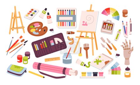 Illustration for Art supplies for drawing set. Painting tools and art class studio supplies. Painters equipment, drawing stationery. Flat vector illustration - Royalty Free Image