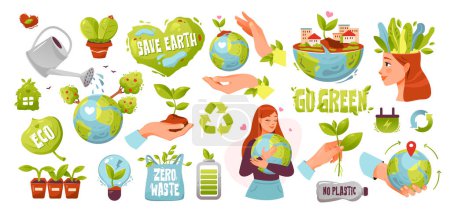 Illustration for World Environment Day. Eco set. Save the earth, zero waste, no plastic, go green, alternative energy, eco concept. Cartoon vector illustration - Royalty Free Image