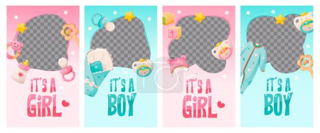 Illustration for Baby shower template for social networks or a greeting card with a place for a photo. It's a girl. It's a boy. - Royalty Free Image