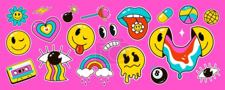Illustration for Psychedelic trippy Acid abstract characters and objects. In a cartoon style, a set of bright psychedelics. - Royalty Free Image