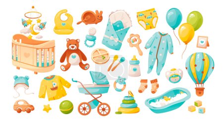 Illustration for It's a boy. Baby boy shower banner or greeting card. Items for newborn baby care. Cartoon vector illustration. - Royalty Free Image