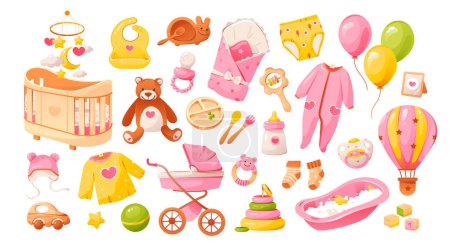 Illustration for Baby girl shower set. Items for baby care. A set of toys, clothes and furniture for a newborn girl. It's a girl. Cartoon vector illustration. - Royalty Free Image