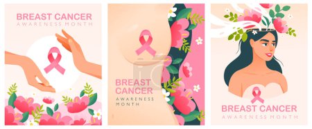 Téléchargez les illustrations : Cancer du sein Mois avec un ruban rose. Journée internationale du cancer du sein. Cartes postales vectorielles en style dessin animé - en licence libre de droit
