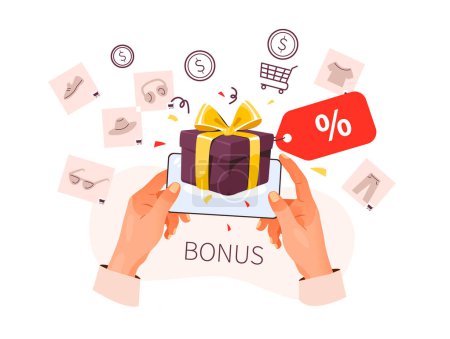 Illustration for Online shopping bonuses. Online store in the phone. Vector illustration. - Royalty Free Image