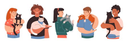 Ilustración de Dueños de mascotas. Hombres y mujeres con gatos. Gente con sus mascotas lindas. Dibujos animados vector plano conjunto. - Imagen libre de derechos