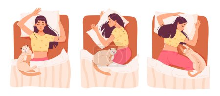 La mujer duerme. Un conjunto de ilustraciones vectoriales con una mujer dormida en diferentes poses y su mascota. Relajarse en el dormitorio.