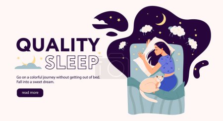 Modèle de bannière Web de sommeil de qualité. La fille dort au lit avec son chat. La fille compte les moutons dans son sommeil. Illustration vectorielle de bande dessinée.