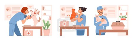 Veterinary doctors examining and cure pets in veterinarian office. Pets in a veterinary clinic. Flat vector illustration.