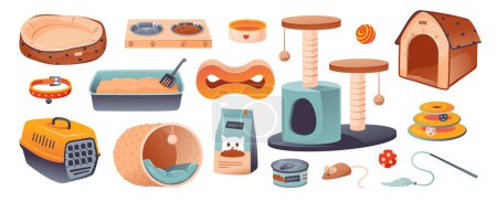 Ilustración de Juego de accesorios Cat. Cama, comida, juguetes, poste de rascar y casa para una mascota. Dibujos animados vector ilustración - Imagen libre de derechos