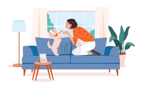 Ilustración de Dueño de mascotas. Una mujer está jugando con un perro en el sofá. Relajarse con una mascota. Ilustración vectorial plana. - Imagen libre de derechos