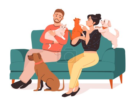 Pet owners. A young couple is sitting on the couch with their pets. Cats and dogs on the couch. Flat vector illustration.