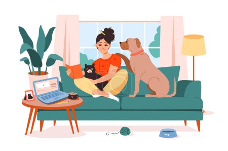 Dueño de mascotas. Una joven está descansando en el sofá con sus mascotas. Una mujer con un gato y un perro pasan tiempo juntos. Relajarse con una mascota. Ilustración vectorial plana.