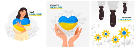 Ein Satz Postkarten, die der Ukraine gewidmet sind. Unterstützung für die Ukraine. Nein zum Krieg. Steht an der Seite der Ukraine, helft dem Ukrainischen. Vektorillustration.