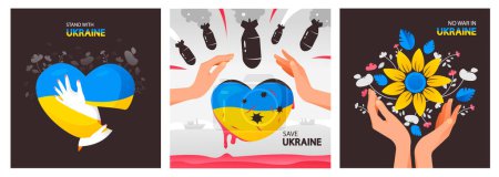 Ilustración de Un conjunto de postales dedicadas a Ucrania. Apoyo a Ucrania. No a la guerra. Apoyar a Ucrania, ayudar a Ucrania. Ilustración vectorial. - Imagen libre de derechos