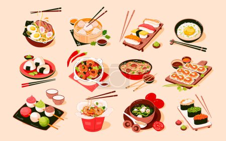 Set de comida asiática. Cocina asiática con varios platos. Ilustración plana del vector