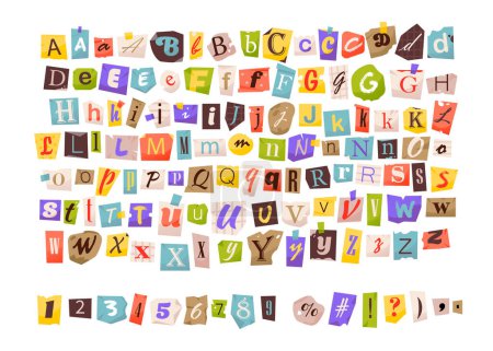 Illustration for Anonymous letters cut from magazines. Clipping alphabet. Paper style ransom note letter. Cut Letters. Vector font isolated on white background - Royalty Free Image