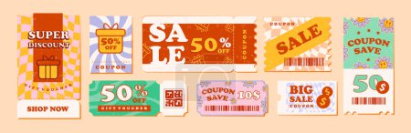 Illustration for Discount coupons, gift vouchers in a Retro Groovy Style. Vector template - Royalty Free Image
