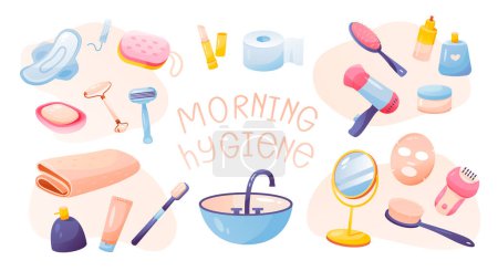 Hygienesammlung am Morgen. Eine Reihe von Artikeln für die weibliche Morgenhygiene. Selbstversorgung zu Hause. Zeichentrickvektorillustration.
