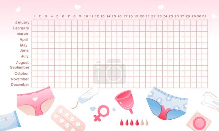 Calendario de menstruación. Rastreador de mujeres. Calendario para los días críticos marcado, ciclo menstrual. Ilustración vectorial
