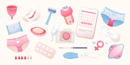 Illustration for Feminine hygiene products set, menstrual cup, tampon, pad, pregnancy test, condom. Menstrual cycle. Women's Health. Vector illustration - Royalty Free Image
