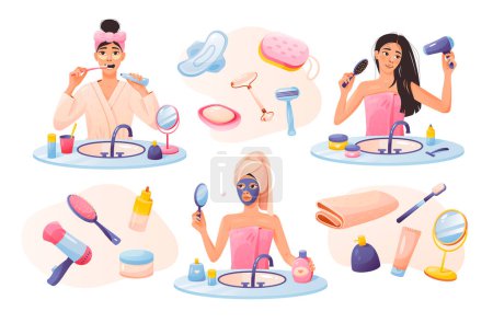 Morning hygiene collection. A set of women doing morning hygiene in the bathroom.A set of items for morning feminine hygiene. Self care at home. Young girl during daily hygiene.Cartoon vector illustration