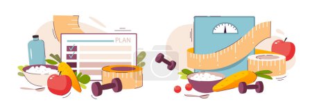 Illustration for Nutritionist concept. Diet plan with healthy food and physical activity. Vector illustration - Royalty Free Image