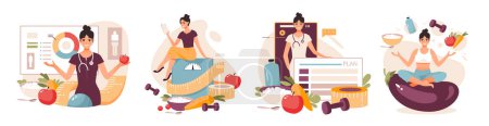Illustration for Nutritionist concept. Weight loss program and diet plan. Diet therapy with healthy food and physical activity. Flat vector illustration - Royalty Free Image