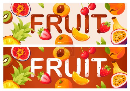 Téléchargez les illustrations : Bannières de fruits et baies frais. Illustration vectorielle avec fruits tropicaux d'été. - en licence libre de droit