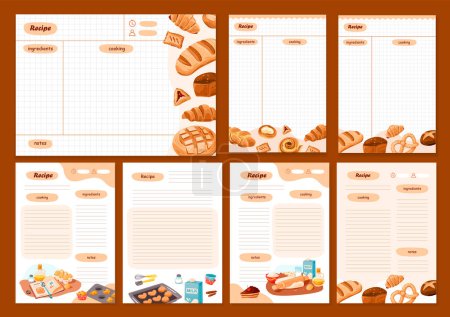 Téléchargez les illustrations : Cartes de recettes et planificateur de repas. Modèle de feuilles de livre de cuisine pour la recette, les notes sur la cuisine et les ingrédients. Illustration vectorielle de dessin animé - en licence libre de droit