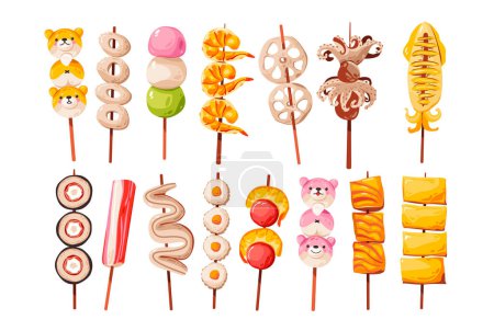 Japanese street food. Yakitori set with different skewers. Asian fast food. Vector illustration 