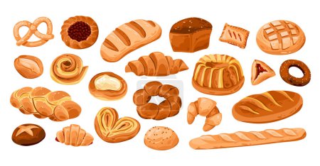 Illustration for Bakery products set. A variety of pastries from the dough. Homemade cakes. Cartoon vector illustration. - Royalty Free Image
