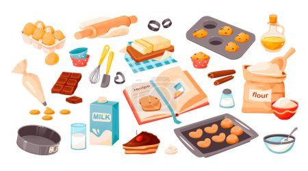 Téléchargez les illustrations : Un ensemble d'ingrédients de cuisson. Produits et outils de cuisine pour cuisiner des recettes de cuisson. Illustration vectorielle de bande dessinée - en licence libre de droit