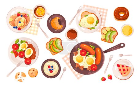 Téléchargez les illustrations : Illustration vectorielle du petit déjeuner sain. Un ensemble de nourriture pour le petit déjeuner. Repas du matin. Menu petit déjeuner. - en licence libre de droit